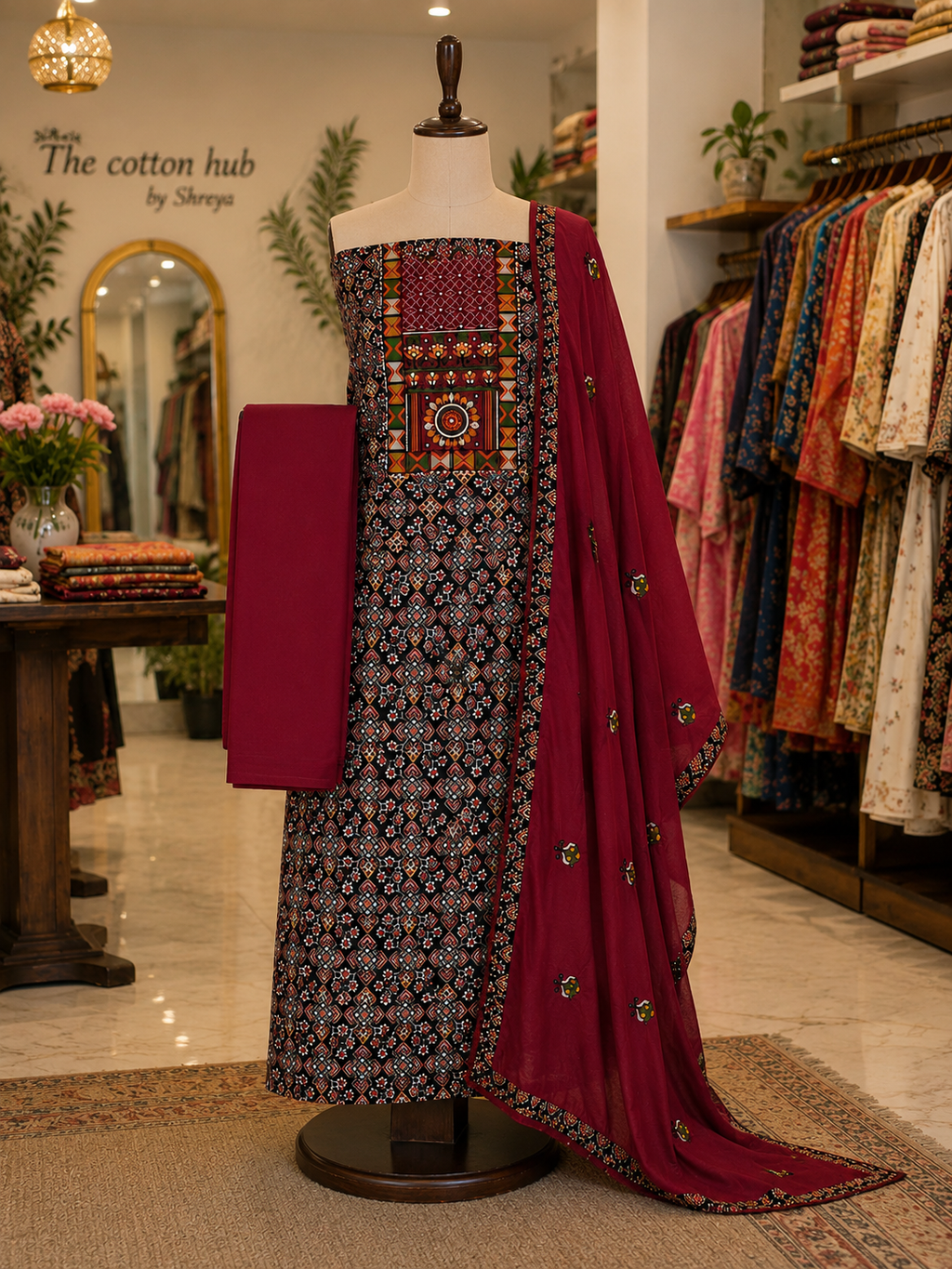 Semi stitched cotton suit-Patola print-38