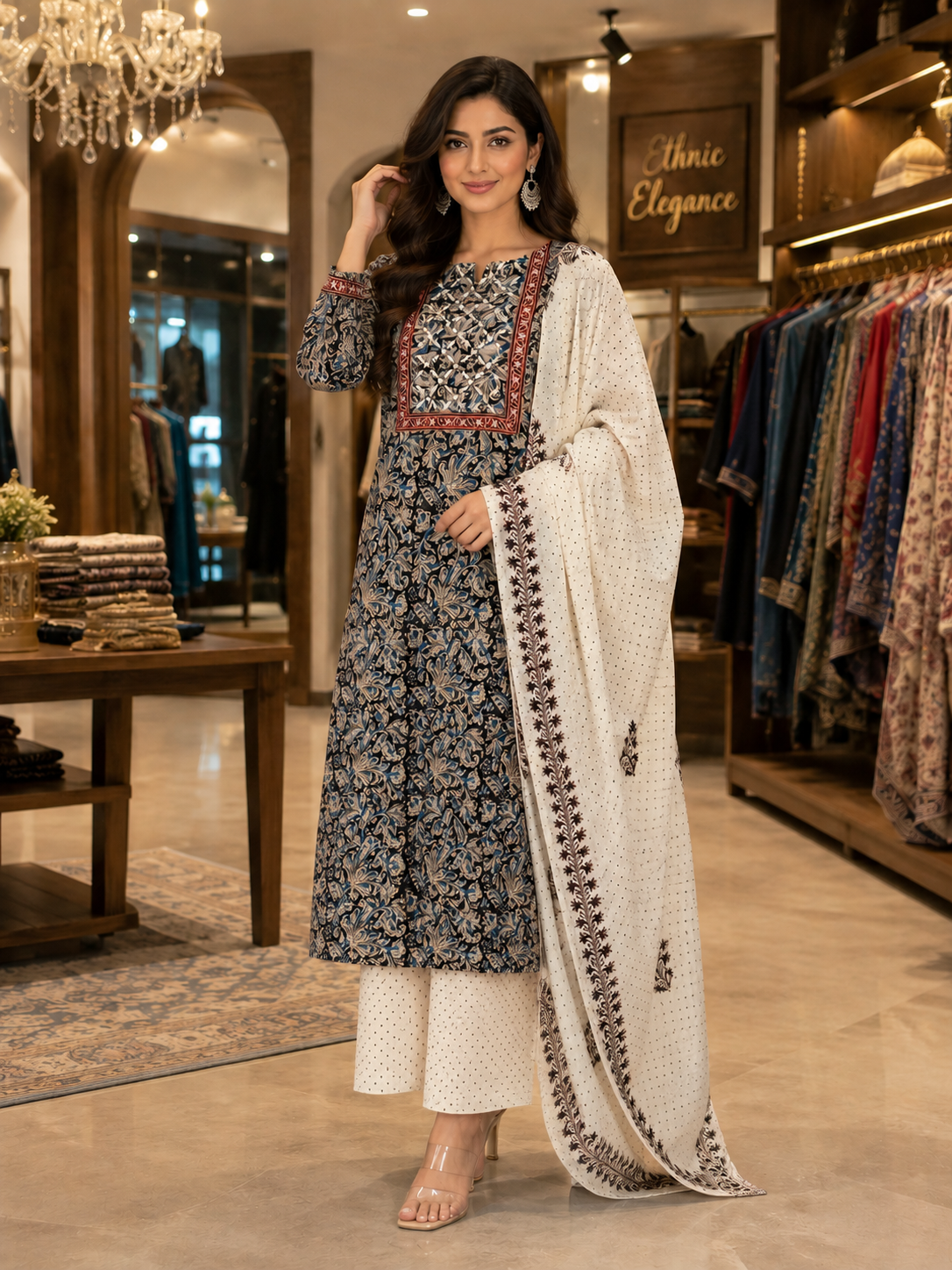 Unstiched suit-kalamkari hand blocked with applique patch work