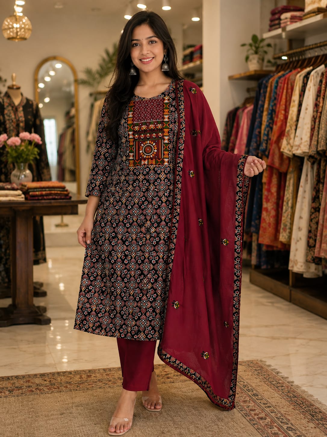 Semi stitched cotton suit-Patola print-38