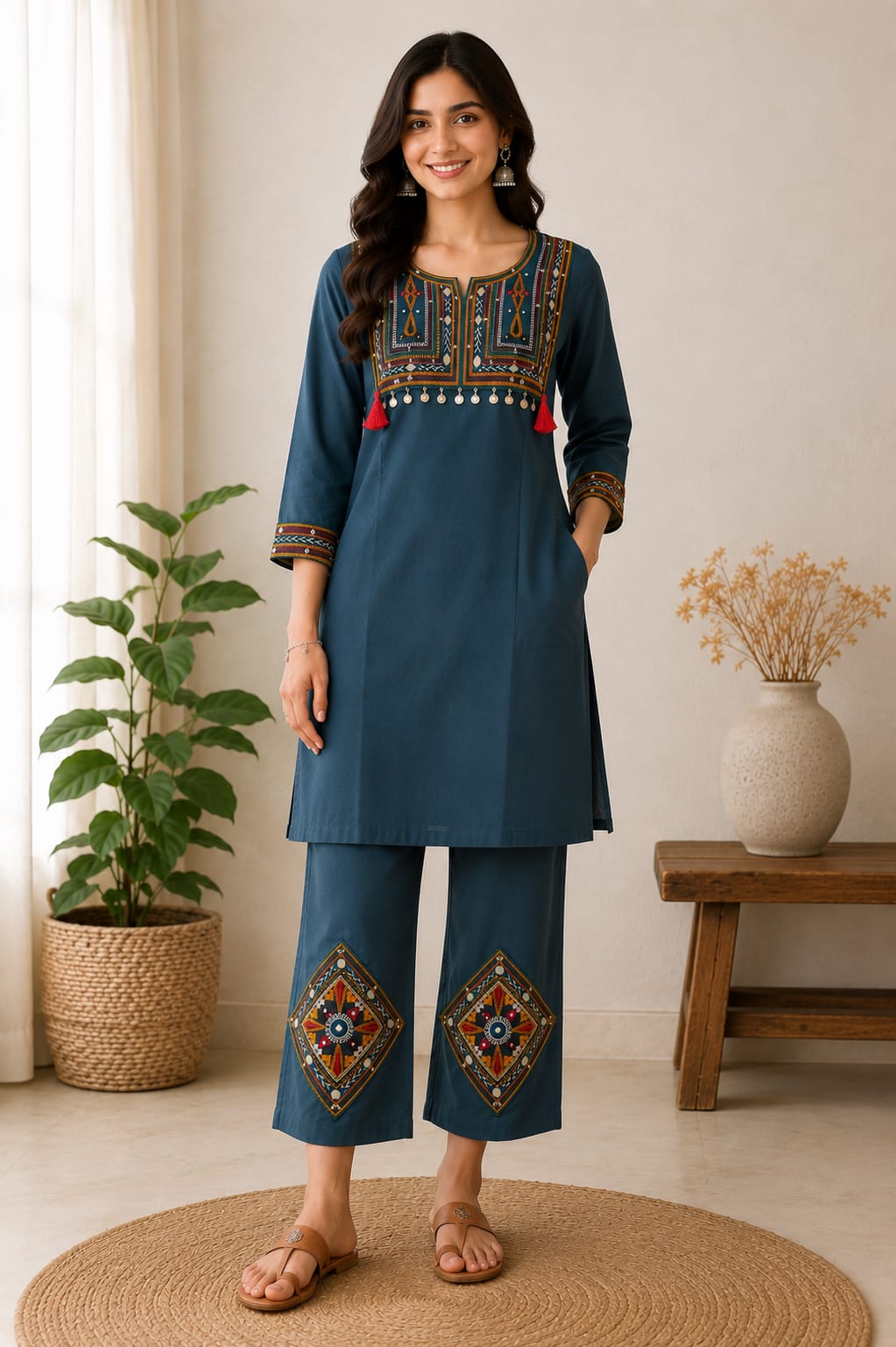 Dhabu cotton co-ord set,gamthi work & hangings