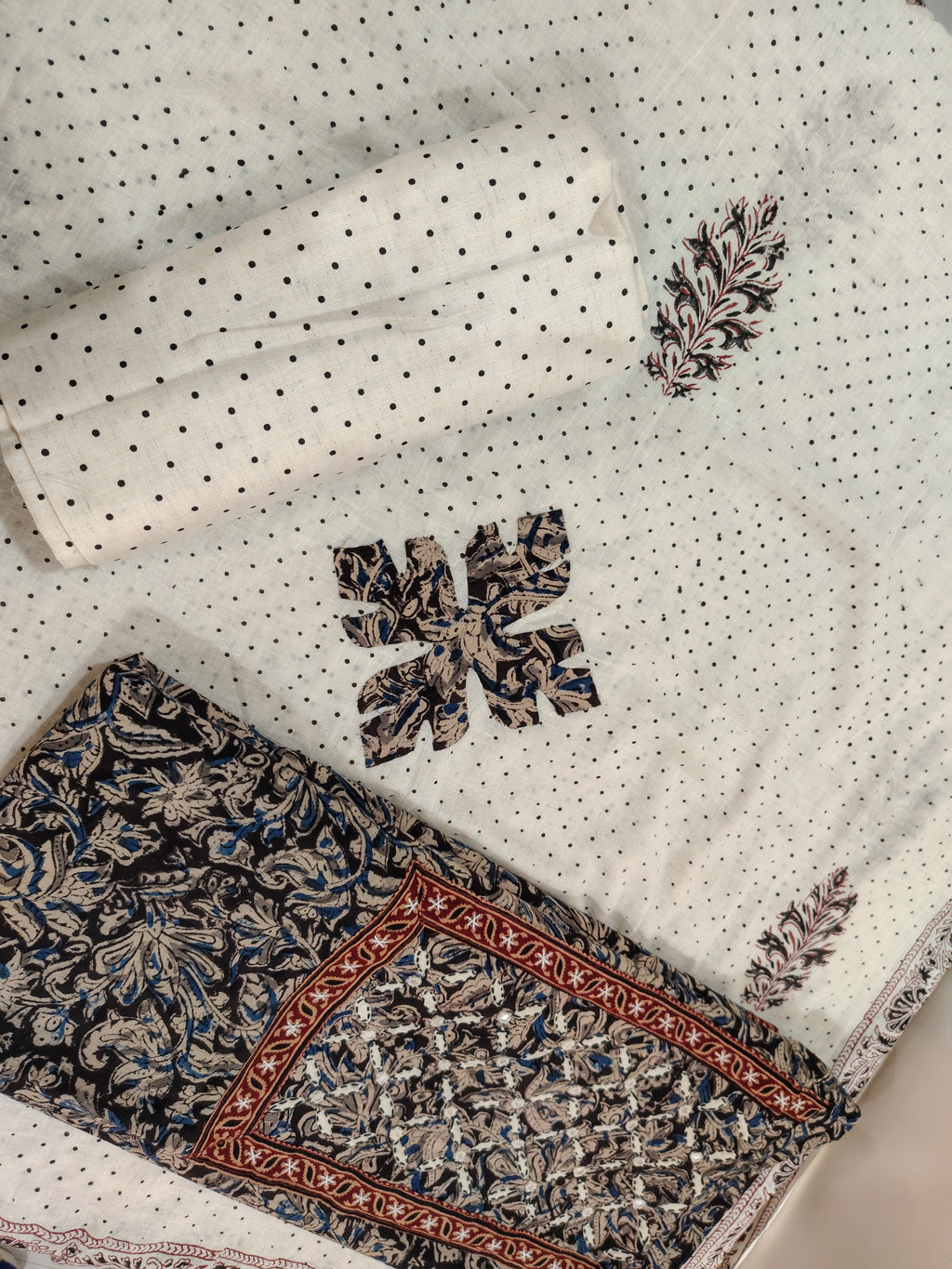 Unstiched suit-kalamkari hand blocked with applique patch work