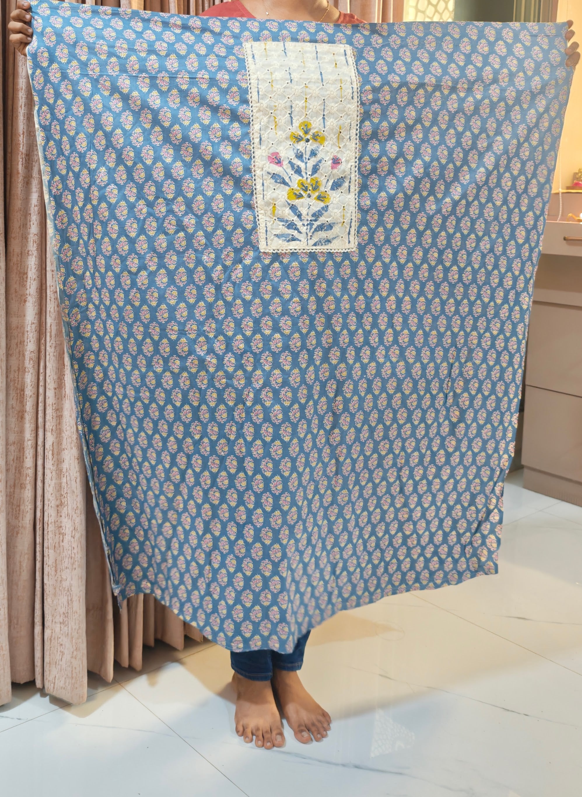 Unstiched cotton suit,hakoba chikankari & kantha work