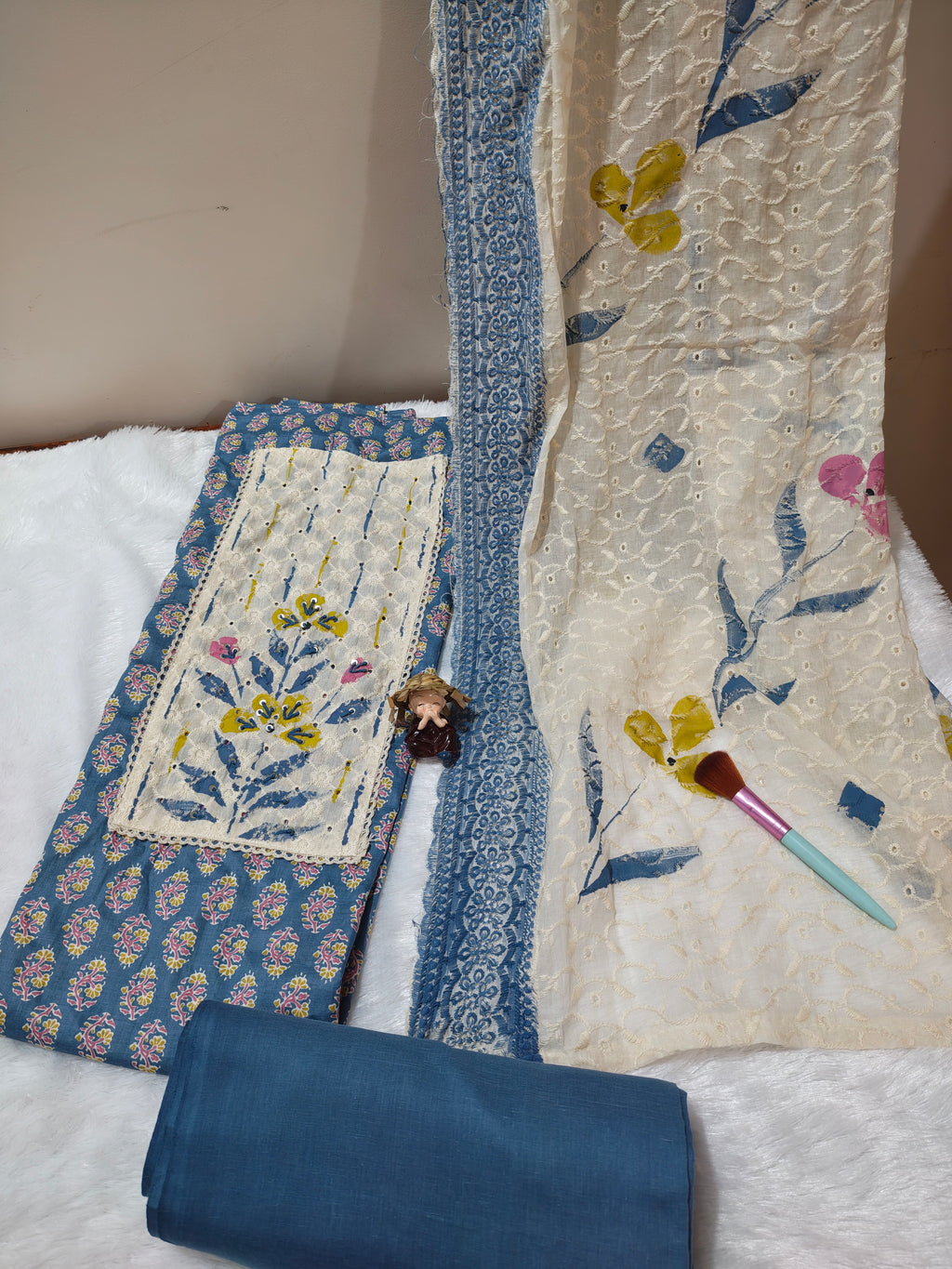 Unstiched cotton suit,hakoba chikankari & kantha work