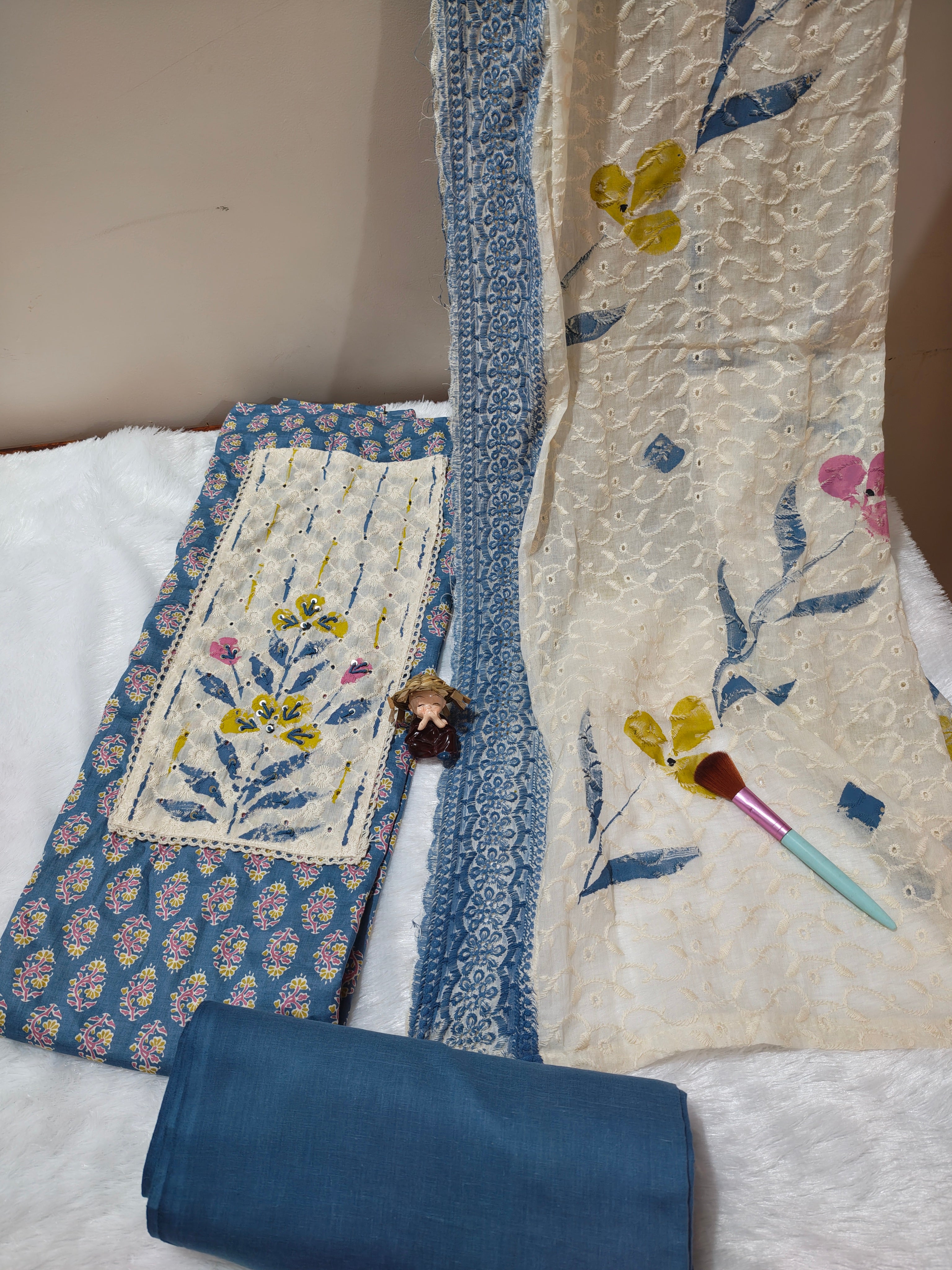 Unstiched cotton suit,hakoba chikankari & kantha work