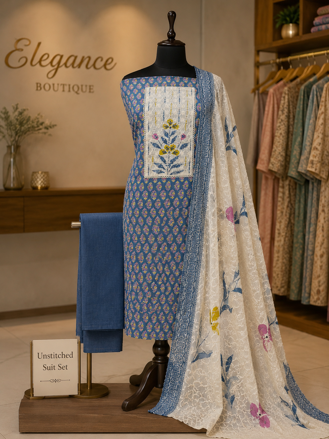 Unstiched cotton suit,hakoba chikankari & kantha work